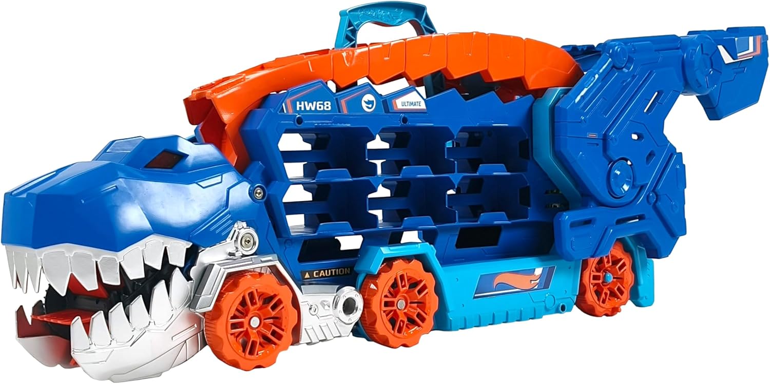 Hot Wheels City Ultimate Transporter with T-Rex, Lights, Sounds and 2 Cars